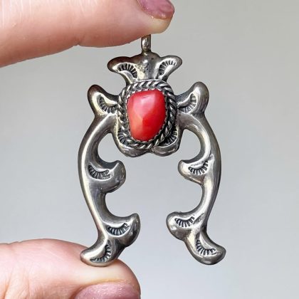 Vintage Native American Sandcast Sterling Silver Coral Naja Pendant