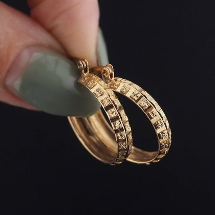10K Gold Etch Design Sparkle Hoop Earrings