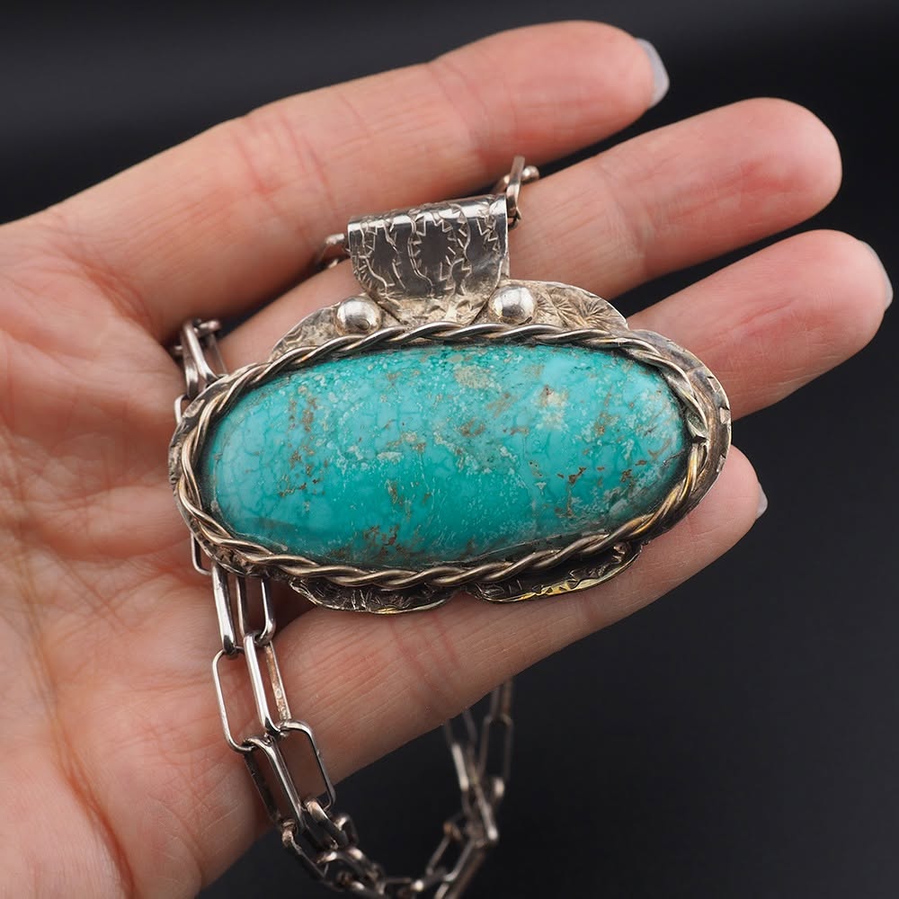 Handmade Southwestern Large Turquoise Pendant Necklace - Image 2