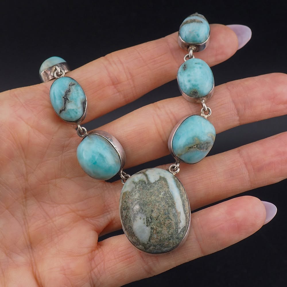Earthy Ethereal Blue Silver Gemstone Cabochon Necklace - Image 4