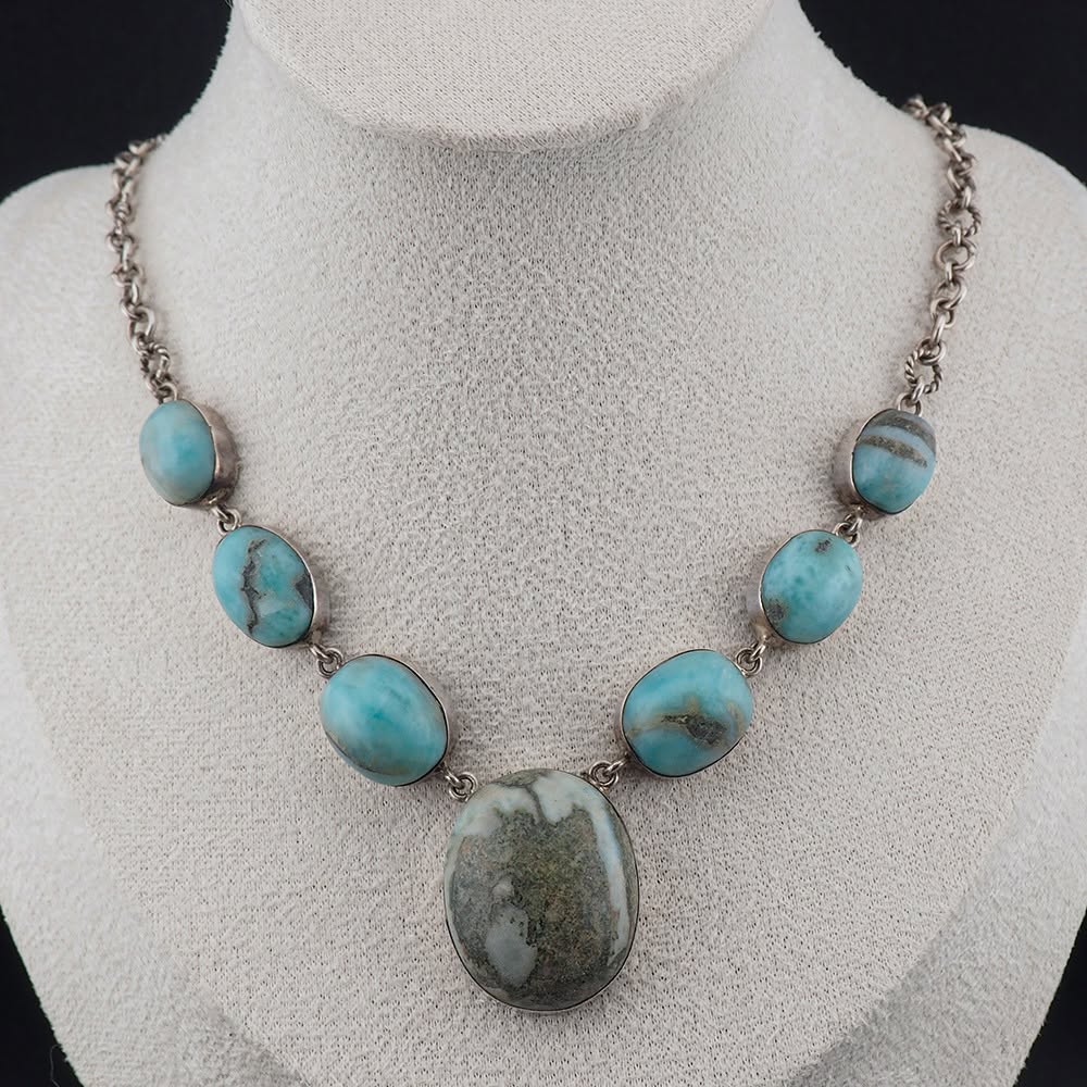 Earthy Ethereal Blue Silver Gemstone Cabochon Necklace - Image 2
