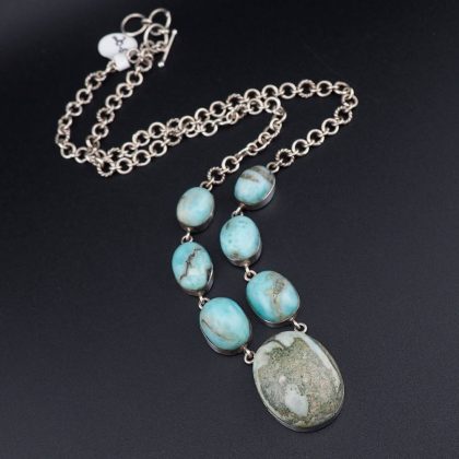 Earthy Ethereal Blue Silver Gemstone Cabochon Necklace