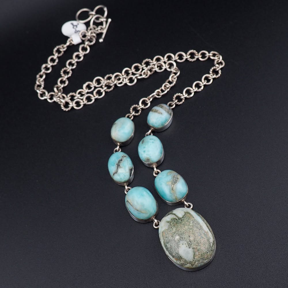 Earthy Ethereal Blue Silver Gemstone Cabochon Necklace