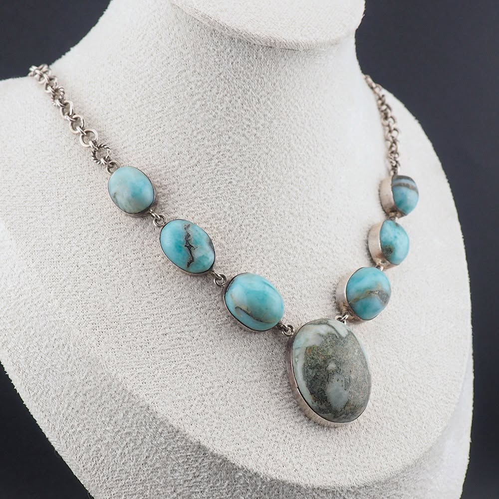 Earthy Ethereal Blue Silver Gemstone Cabochon Necklace - Image 3