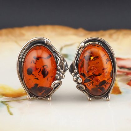 Big Sterling Silver Art Nouveau Style Amber Clip On Earrings