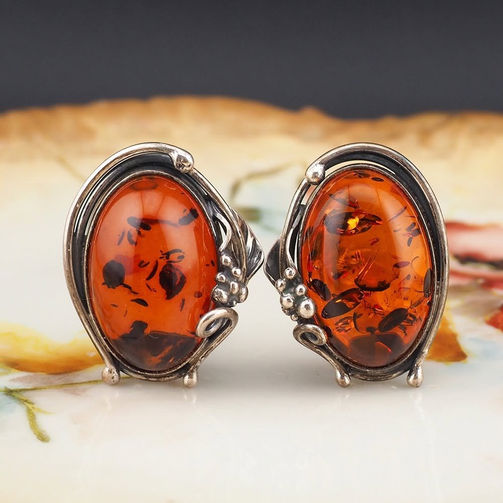 Big Sterling Silver Art Nouveau Style Amber Clip On Earrings