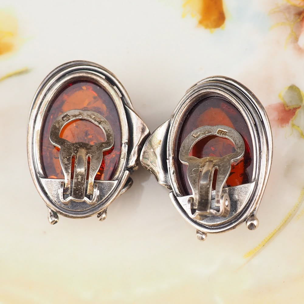 Big Sterling Silver Art Nouveau Style Amber Clip On Earrings - Image 3