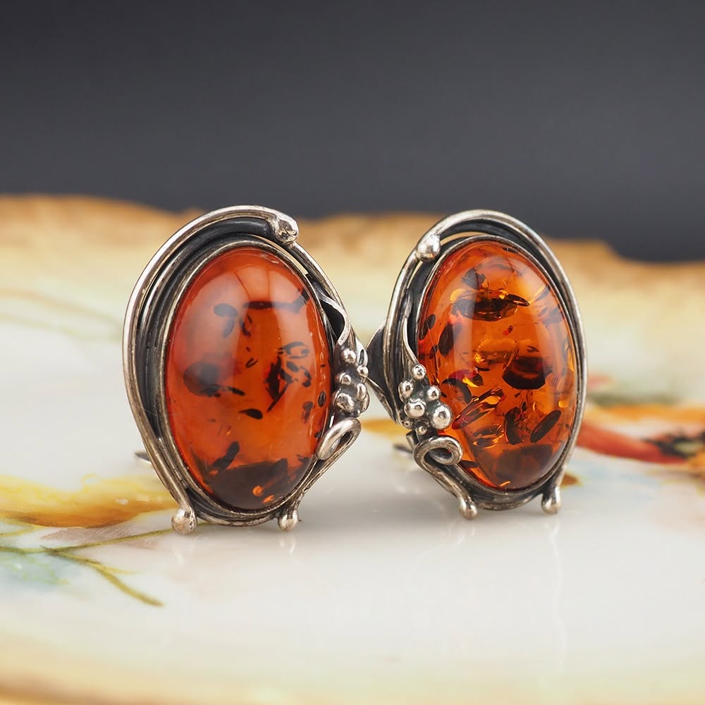 Big Sterling Silver Art Nouveau Style Amber Clip On Earrings - Image 2