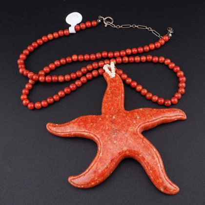Striking Coral Bead Necklace with Coral Composite Starfish Pendant