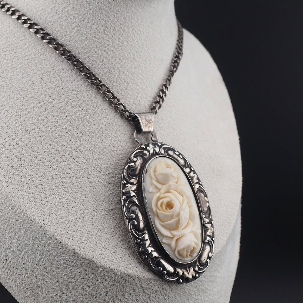 800 Silver Carved Bone Necklace, Jugendstil Pendant Necklace - Image 3