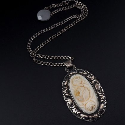 800 Silver Carved Bone Necklace, Jugendstil Pendant Necklace