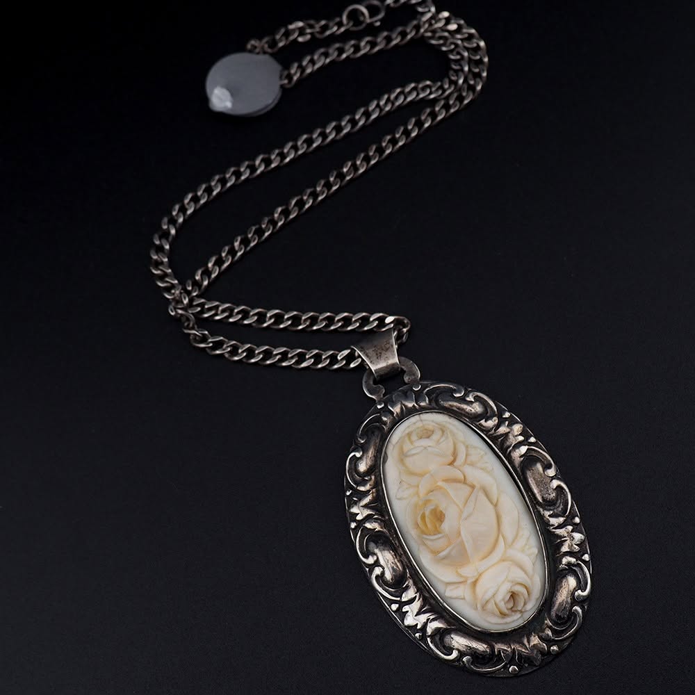 800 Silver Carved Bone Necklace, Jugendstil Pendant Necklace