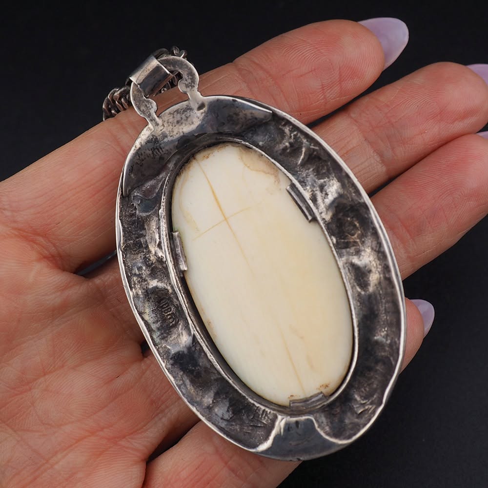 800 Silver Carved Bone Necklace, Jugendstil Pendant Necklace - Image 5
