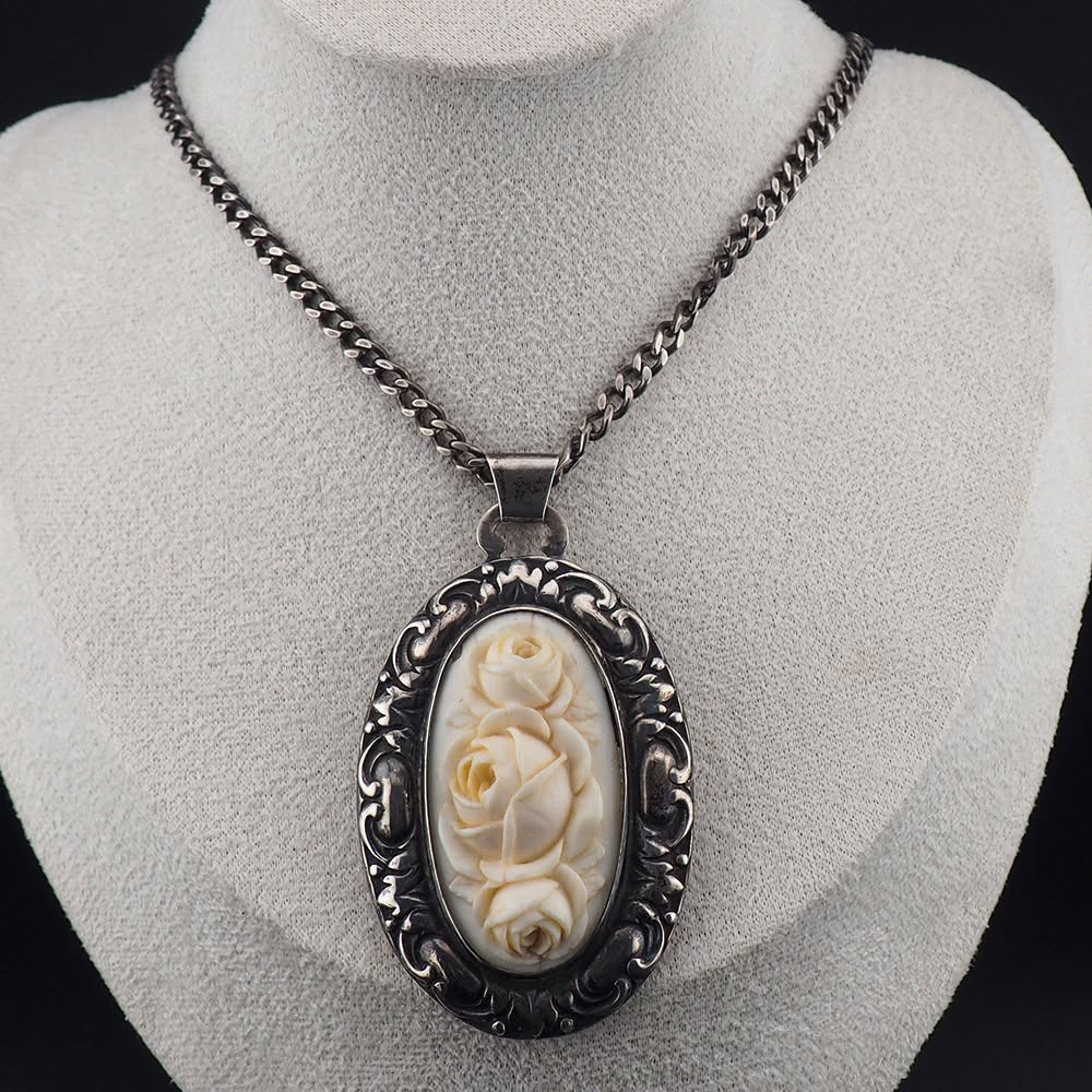 800 Silver Carved Bone Necklace, Jugendstil Pendant Necklace - Image 2
