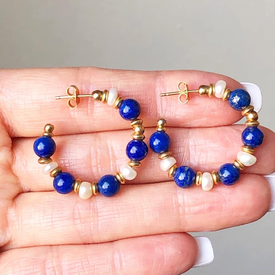 18K Gold Lapiz Lazuli Pearl Hoop Earrings - Image 3