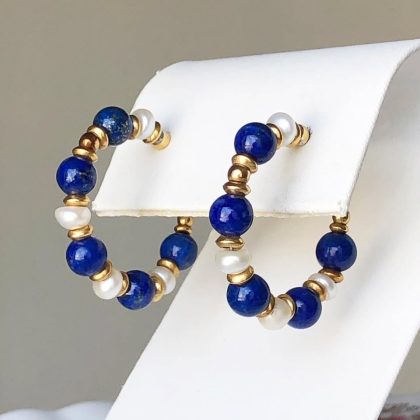 18K Gold Lapiz Lazuli Pearl Hoop Earrings