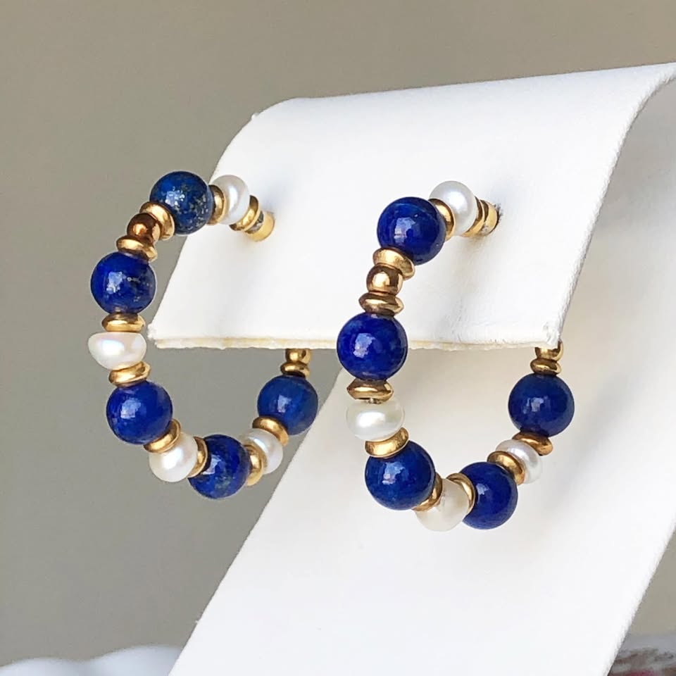 18K Gold Lapiz Lazuli Pearl Hoop Earrings