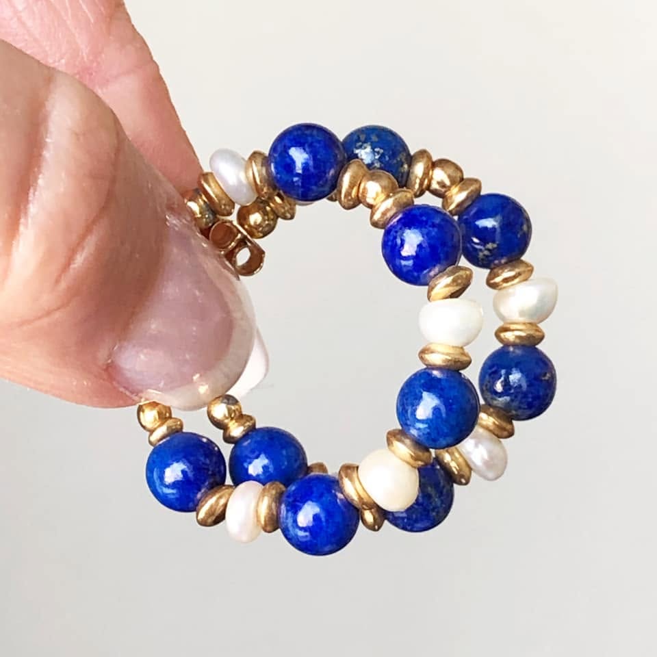 18K Gold Lapiz Lazuli Pearl Hoop Earrings - Image 4