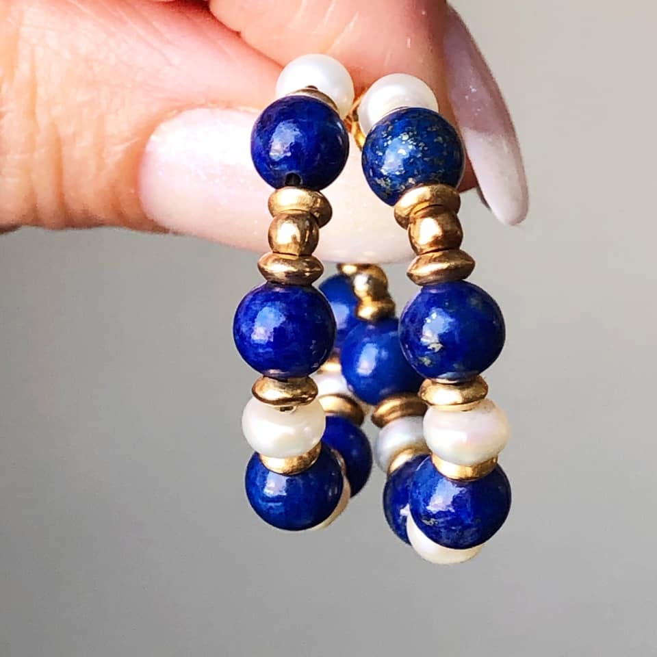 18K gold lapis lazuli and pearl beaded hoop earrings