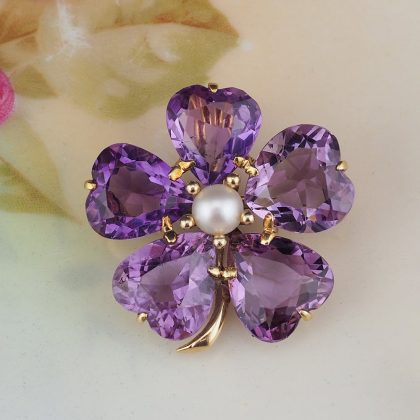 14K gold amethyst clover brooch pendant